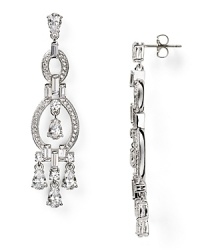 Pave-set crystals and an ornate, chandelier design make these rhodium-plated earrings from Nadri a stunning choice. Wear them to elevate evening looks. Pave-set crystals and an ornate, chandelier design make these rhodium-plated earrings from Nadri a stunning choice. Wear them to elevate evening looks.