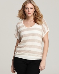Creme and toffee team up to deliver a tantalizing combination atop this striped Splendid Plus tunic. Style with white jeans for easy glamour. Creme and toffee team up to deliver a tantalizing combination atop this striped Splendid Plus tunic. Style with white jeans for easy glamour.