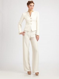 A textural basket-woven cotton blend, impeccably tailored in a chic, form-fitting design.CollarlessButton frontVented cuffsUnderlay trim at edgesFully linedAbout 21 from shoulder to hem63% cotton/36% nylon/1% polyesterDry cleanMade in Italy of imported fabricModel shown is 5'11 (180cm) wearing US size 4. A textural basket-woven cotton blend, impeccably tailored in a chic, form-fitting design.CollarlessButton frontVented cuffsUnderlay trim at edgesFully linedAbout 21 from shoulder to hem63% cotton/36% nylon/1% polyesterDry cleanMade in Italy of imported fabricModel shown is 5'11 (180cm) wearing US size 4.
