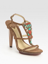 Jeweled embellishments in vivid hues top this suede design resting on a platform and sculpted wooden heel. Painted wooden heel, 4½ (115mm)Rubber island platform, ½ (15mm)Compares to a 4 heel (100mm)Suede upper with rhinestone and gemstone embellishmentsAdjustable ankle strapLeather lining and solePadded insoleImported Jeweled embellishments in vivid hues top this suede design resting on a platform and sculpted wooden heel. Painted wooden heel, 4½ (115mm)Rubber island platform, ½ (15mm)Compares to a 4 heel (100mm)Suede upper with rhinestone and gemstone embellishmentsAdjustable ankle strapLeather lining and solePadded insoleImported