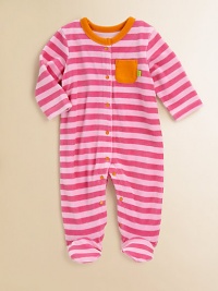 Luxurious and plush velour in girlie stripes with bright contrast jersey trim and snaps.Round necklineContrast-snap frontLong sleevesPatch chest pocketSnap legsCottonMachine washImported Please note: Number of snaps may vary depending on size ordered. 