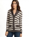 THE LOOKStriped throughoutSolid color shawl collarButton frontLong sleeves with solid, ribbed cuffsDual patch pocketsRibbed hemTHE FITAbout 26 from shoulder to hemTHE MATERIALCashmereCARE & ORIGINDry cleanImported