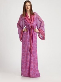 Inspired by the traditional Japanese kimono, this gorgeous floor-sweeping gown is crafted from airy silk chiffon in a boho-chic print.Gathered necklineLong kimono sleevesLong wrap self-beltConcealed center front zipperThree hook-and-eye closure at bodiceAbout 39 from natural waistSilkDry cleanImportedModel shown is 5'9 (175cm) wearing US size Small. Inspired by the traditional Japanese kimono, this gorgeous floor-sweeping gown is crafted from airy silk chiffon in a boho-chic print.Gathered necklineLong kimono sleevesLong wrap self-beltConcealed center front zipperThree hook-and-eye closure at bodiceAbout 39 from natural waistSilkDry cleanImportedModel shown is 5'9 (175cm) wearing US size Small.