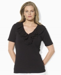 Lauren by Ralph Lauren's classic short-sleeved plus size knit top is updated with feminine panache, featuring a ruffled eyelet neckline. Lauren by Ralph Lauren's classic short-sleeved plus size knit top is updated with feminine panache, featuring a ruffled eyelet neckline.
