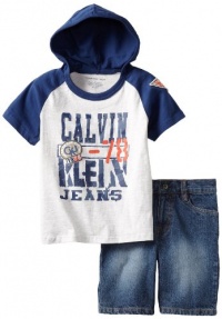 Calvin Klein Boys 2-7 Short Sleeve Hooded Tee With Denim Short Set, Gray, 5 Calvin Klein Boys 2-7 Short Sleeve Hooded Tee With Denim Short Set, Gray, 5
