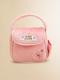 This ultra-soft purse with matching strap makes the sweetest fashion statement for your little girl. Set includes a ringing cell phone, a compact with plastic mirror and a change purse.Shoulder strapOutside cellphone pocketInside pocket8H X 6L X 2DPolyesterSurface washRecommended for ages 0 and upImported