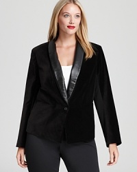Executive style gets a dramatic dose of edge as a faux-leather collar roughens up the refined DKNYC Plus blazer. Team with a sequin tank and spark some serious fashion envy. Executive style gets a dramatic dose of edge as a faux-leather collar roughens up the refined DKNYC Plus blazer. Team with a sequin tank and spark some serious fashion envy.