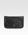 A modern, functional style for cocktails and beyond in soft leather with a geometric front flap.Front flap closureBack snap closureFront open compartmentOne zip and two open back compartmentsFully lined12W X 8H X 1DImported