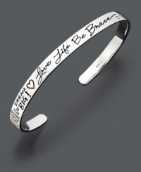 Inspirational jewelry makes the perfect gift for the friend who needs a little encouragement. This beautiful cuff is crafted in sterling silver and features the words, Love Life Be Brave. Approximate diameter: 2-1/2 inches. Inspirational jewelry makes the perfect gift for the friend who needs a little encouragement. This beautiful cuff is crafted in sterling silver and features the words, Love Life Be Brave. Approximate diameter: 2-1/2 inches.