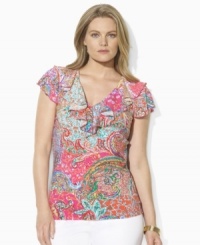 A chic plus size V-neck jersey top is trimmed with a flourish of ruffles at the neckline and delicate flutter sleeves, from Lauren by Ralph Lauren. A chic plus size V-neck jersey top is trimmed with a flourish of ruffles at the neckline and delicate flutter sleeves, from Lauren by Ralph Lauren.