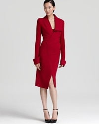Structured doubleknit jersey shapes this directional Donna Karan New York dress, designed with flattering ruching and asymmetric details for a modern spin on boardroom style. Structured doubleknit jersey shapes this directional Donna Karan New York dress, designed with flattering ruching and asymmetric details for a modern spin on boardroom style.