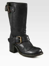This distressed leather silhouette with a wooden heel and sleek hardware is innately cool. Wooden heel, 3 (75mm)Shaft, 9½Leg circumference, 13Distressed leather upperAdjustable buckle strapsPull-on styleLeather liningRubber solePadded insoleImported This distressed leather silhouette with a wooden heel and sleek hardware is innately cool. Wooden heel, 3 (75mm)Shaft, 9½Leg circumference, 13Distressed leather upperAdjustable buckle strapsPull-on styleLeather liningRubber solePadded insoleImported