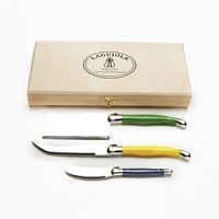 This multi-hued cheese knife set from Dubost includes everything you need for your next soirée. Packed in an artisinal storage box, it is refined and chic, an entertaining essential. This multi-hued cheese knife set from Dubost includes everything you need for your next soirée. Packed in an artisinal storage box, it is refined and chic, an entertaining essential.