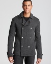 Clever innovation and a commitment to craft yields another sharp design from John Varvatos Star USA. Inspired by the pea coat, this cardigan features stylish buttons in front and is rendered with raw edges for rugged appeal that's plenty refined, too.