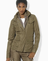 Crafted with a quilted lining and stowaway hood, a chic microfiber jacket is ideal for layering on breezy days. Crafted with a quilted lining and stowaway hood, a chic microfiber jacket is ideal for layering on breezy days.