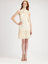 Gauzy chiffon, tailored in a halter style and trimmed in delicate bands of lace.Halter style neckline with front tieRuched yokeLace bodiceDrop waistGathered skirtConcealed back zip with keyhole and button closuresFully linedAbout 20 from natural waistPolyesterSpot cleanImportedModel shown is 5'10 (177cm) wearing US size 4. Gauzy chiffon, tailored in a halter style and trimmed in delicate bands of lace.Halter style neckline with front tieRuched yokeLace bodiceDrop waistGathered skirtConcealed back zip with keyhole and button closuresFully linedAbout 20 from natural waistPolyesterSpot cleanImportedModel shown is 5'10 (177cm) wearing US size 4.