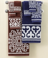 Step out of the shower and into the Mediterranean with soft cotton bath towels from Bianca. Mix hand towels covered in bold medallions with those framed in equally inspired graphics. Bright white adds striking contrast to navy and cocoa hues. Step out of the shower and into the Mediterranean with soft cotton bath towels from Bianca. Mix hand towels covered in bold medallions with those framed in equally inspired graphics. Bright white adds striking contrast to navy and cocoa hues.