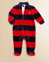 A comfortable footed coverall in plush velour features a preppy rugby stripe and collar for a timeless sporty look.Twill rugby collarLong sleevesButton-frontBottom snapsCotton/PolyesterMachine washImported Please note: Number of buttons/snaps may vary depending on size ordered. 