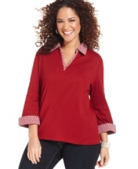 A darling dot print beautifully highlights Karen Scott's three-quarter-sleeve plus size top-- snag it at an Everyday Value price! A darling dot print beautifully highlights Karen Scott's three-quarter-sleeve plus size top-- snag it at an Everyday Value price!