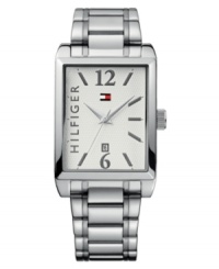This Tommy Hilfiger watch gives you durability and versatility with a refined finish. Stainless steel bracelet and rectangular case. White dial with logo, date window, stick indices and logo. Quartz movement. Water resistant to 30 meters. Ten-year limited warranty. This Tommy Hilfiger watch gives you durability and versatility with a refined finish. Stainless steel bracelet and rectangular case. White dial with logo, date window, stick indices and logo. Quartz movement. Water resistant to 30 meters. Ten-year limited warranty.