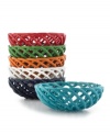 Break bread with woven baskets in fun colors from Tabletops Unlimited's collection of serveware. Muffins, rolls and garlic knots stay warm at your table in oven-safe earthenware.