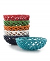 Break bread with woven baskets in fun colors from Tabletops Unlimited's collection of serveware. Muffins, rolls and garlic knots stay warm at your table in oven-safe earthenware.
