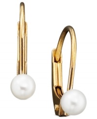 These dainty 14k gold leverback earrings are adorned with a single luminous cultured pearl.