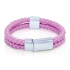 Ladies Braided Lavender Double Strand Leather Bracelet with Stainless Steel Locking Clasp 7 1/2 inches