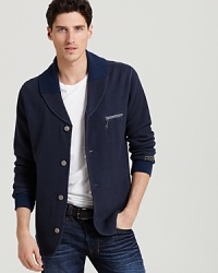 The waffle texture of this relaxed sweatshirt cardigan adds dimensionality to your casual cool look, and the subtle tonal color-block collar, cuff and hem keep you on trend. The waffle texture of this relaxed sweatshirt cardigan adds dimensionality to your casual cool look, and the subtle tonal color-block collar, cuff and hem keep you on trend.
