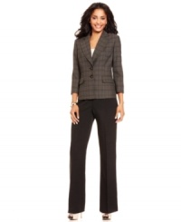 Evan Picone infuses this pant suit with a pop of plaid at the jacket and keeps the interest up by adding a luxe texture to both pieces. Evan Picone infuses this pant suit with a pop of plaid at the jacket and keeps the interest up by adding a luxe texture to both pieces.