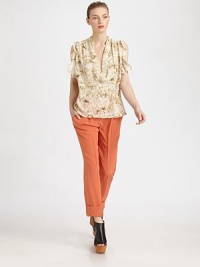 Brightly-hued silk in a cuffed, cropped silhouette accented with back button pockets.Self waistband with belt loopsZip fly with hook-and-bar closureFront pleatsCuffed legBack button welt pocketsCotton liningInseam, about 26SilkDry cleanMade in France of imported fabricModel shown is 5'9 wearing US size 4. Brightly-hued silk in a cuffed, cropped silhouette accented with back button pockets.Self waistband with belt loopsZip fly with hook-and-bar closureFront pleatsCuffed legBack button welt pocketsCotton liningInseam, about 26SilkDry cleanMade in France of imported fabricModel shown is 5'9 wearing US size 4.