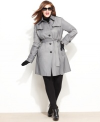 Grey skies are no match for DKNY's plus size trench coat.  Unique quilted rain flaps stand out at the shoulders and overlap in back for a sophisticated new take on a classic style.