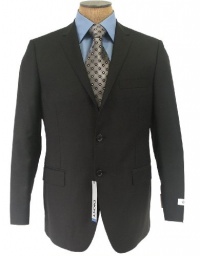 DKNY Mens 2 Button Flat Front Solid Black Slim Fit Wool Suit