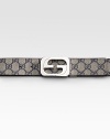 Signature GG-plus fabric with leather trim and interlocking G palladium buckle. About 1½ wide Made in Italy 
