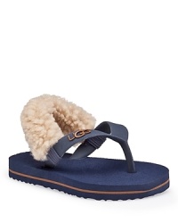Cute UGG® Australia logo sandal with elasticized slingback strap and soft shearing overlay. Cute UGG® Australia logo sandal with elasticized slingback strap and soft shearing overlay.