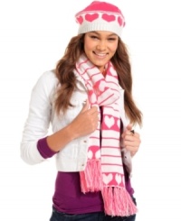 Get wrapped up in something warm and wonderful this winter with this cheery knit scarf from American Rag. Outfitted in pink hearts and stripes, you'll be cute and cozy all season long.