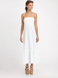 Versatility at its best! Lightweight cotton staple can be rolled down and worn as a maxi skirt or pulled up and worn as a dress. Rollover elastic waistbandRuffle hemAbout 44 from shoulder to hemCottonHand washMade in USAModel shown is 5'10 (177cm) wearing US size Small.Please note: Waistband can be pulled up and style can be worn as a strapless dress. Versatility at its best! Lightweight cotton staple can be rolled down and worn as a maxi skirt or pulled up and worn as a dress. Rollover elastic waistbandRuffle hemAbout 44 from shoulder to hemCottonHand washMade in USAModel shown is 5'10 (177cm) wearing US size Small.Please note: Waistband can be pulled up and style can be worn as a strapless dress.