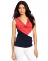 Three Dots Red Women's Colorblock Draped Cowl Top