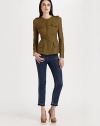 Strategic seaming lends an ultra-feminine feel to this cotton/silk blend, military-inspired design.Jewel necklineEpaulettesConcealed button frontFlap pocketsLong, slightly puffed sleevesButton cuffsBack dartsAbout 23 from shoulder to hem66% cotton/34% silkDry cleanMade in Italy of imported fabricModel shown is 5'11 (180cm)wearing US size 4. 