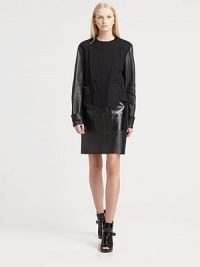 Leather sleeves, croc-print elbow patches and motorcycle-inspired details bring rocker vibes to this boxy wool-rich jacket. RoundneckAsymmetrical snap closuresDropped shouldersLong leather sleevesCroc-embossed elbow patchesSelf-beltBack rain flapAbout 27 from shoulder to hemBody: 80% virgin wool/20% polyamideTrim: LeatherDry clean with leather specialistImported of Italian fabricSIZE & FITModel shown is 5'10 (177cm) wearing US size 4. Leather sleeves, croc-print elbow patches and motorcycle-inspired details bring rocker vibes to this boxy wool-rich jacket. RoundneckAsymmetrical snap closuresDropped shouldersLong leather sleevesCroc-embossed elbow patchesSelf-beltBack rain flapAbout 27 from shoulder to hemBody: 80% virgin wool/20% polyamideTrim: LeatherDry clean with leather specialistImported of Italian fabricSIZE & FITModel shown is 5'10 (177cm) wearing US size 4.
