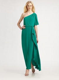 This elegant, Grecian-inspired design is finished with a beautifully draped floor-length skirt.Asymmetrical necklineSingle short, split-shoulder sleeveShoulder pleatsSkirt drapeConcealed side zipAbout 44 from natural waistPolyesterDry cleanImportedModel shown is 5'9 (175cm) wearing US size 4. This elegant, Grecian-inspired design is finished with a beautifully draped floor-length skirt.Asymmetrical necklineSingle short, split-shoulder sleeveShoulder pleatsSkirt drapeConcealed side zipAbout 44 from natural waistPolyesterDry cleanImportedModel shown is 5'9 (175cm) wearing US size 4.