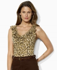 Lauren by Ralph Lauren's feminine ruffled neckline petite top is modernized with a sultry animal-print pattern. Lauren by Ralph Lauren's feminine ruffled neckline petite top is modernized with a sultry animal-print pattern.