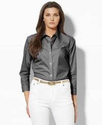 Classic gingham lends a preppy touch to this shirt from Lauren by Ralph Lauren's collection of plus size clothes. Tailored in crisp wrinkle-free cotton broadcloth with three-quarter sleeves, this is plus size fashion that radiates classic elegance. Classic gingham lends a preppy touch to this shirt from Lauren by Ralph Lauren's collection of plus size clothes. Tailored in crisp wrinkle-free cotton broadcloth with three-quarter sleeves, this is plus size fashion that radiates classic elegance.