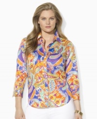 A vibrant paisley pattern lends a colorful, modern update to this classic plus size shirt from Lauren by Ralph Lauren, tailored for a smooth hand in crisp cotton broadcloth. A vibrant paisley pattern lends a colorful, modern update to this classic plus size shirt from Lauren by Ralph Lauren, tailored for a smooth hand in crisp cotton broadcloth.