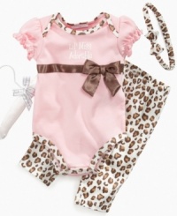 Ready for adventure. Prepare her for the daily trek in this fun animal-print bodysuit, pant and headband set from First Impressions. Ready for adventure. Prepare her for the daily trek in this fun animal-print bodysuit, pant and headband set from First Impressions.