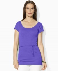 This ultra-soft Lauren by Ralph Lauren top is rendered with a chic scoop neckline and slim tie at the waist. This ultra-soft Lauren by Ralph Lauren top is rendered with a chic scoop neckline and slim tie at the waist.