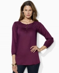 Rendered in breezy cotton voile, Lauren by Ralph Lauren's three-quarter-length sleeve blouse is accented with an embroidered neckline and finished with elegant knot buttons. Rendered in breezy cotton voile, Lauren by Ralph Lauren's three-quarter-length sleeve blouse is accented with an embroidered neckline and finished with elegant knot buttons.