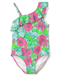 Lush with floral jungle print, this off-the-shoulder swimsuit from Lilly Pulitzer makes the most of her days in the sun. Lush with floral jungle print, this off-the-shoulder swimsuit from Lilly Pulitzer makes the most of her days in the sun.