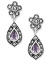 Shapely sophistication. Genevieve & Grace's teardrop earrings, crafted from sterling silver, get a vibrant touch with marcasite and stunning amethyst (5/8 ct. t.w.). Approximate drop length: 1-1/8 inches. Approximate width: 3/8 inch.