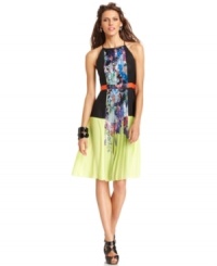 A floral print and bright colorblocking makes this BCBGMAXAZRIA dress a hot pick for standout holiday style! A floral print and bright colorblocking makes this BCBGMAXAZRIA dress a hot pick for standout holiday style!